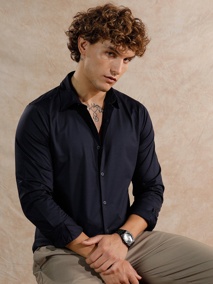 Solid Stretch Slim Fit Shirt | Navy Blue
