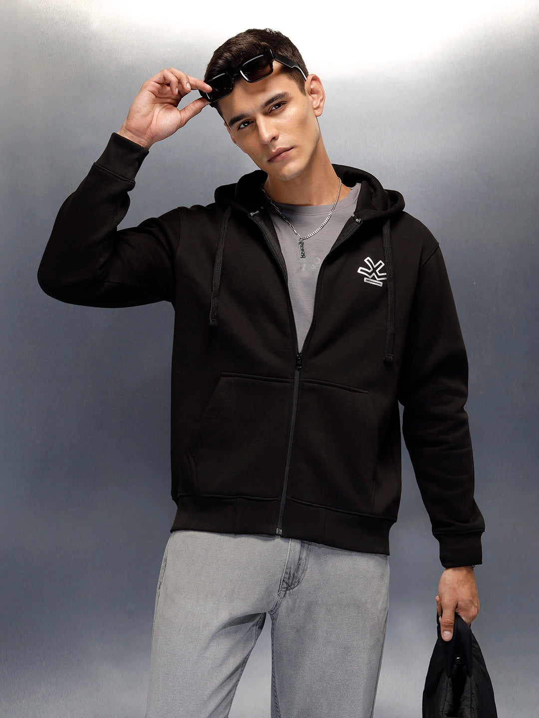 men's casual front zip up hooded sweatshirt | Black