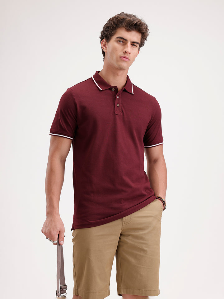 Solid Slim Fit Tipping collar Polo T-Shirt  | Wine