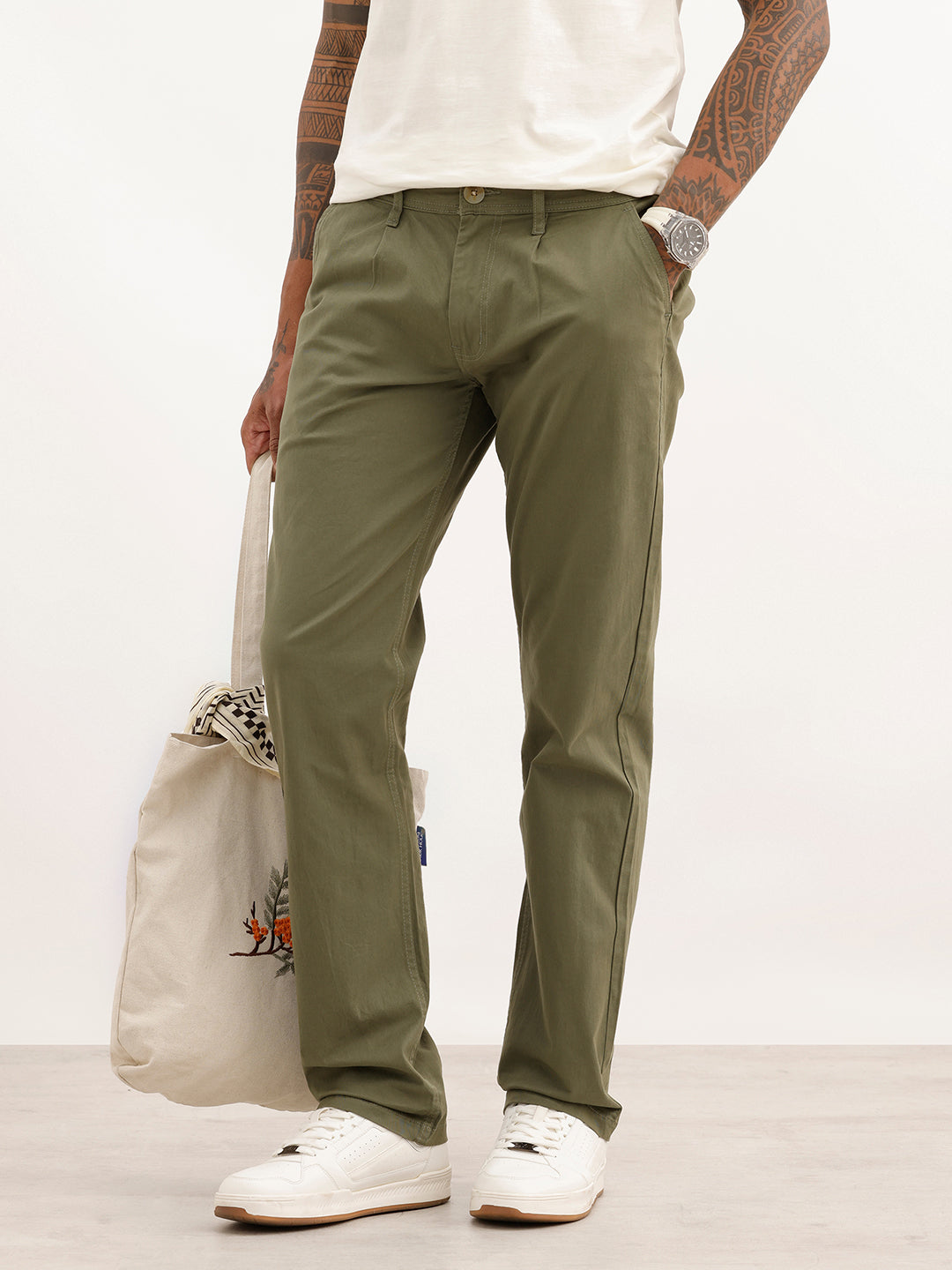 Solid Regular Fit Cotton Trouser | Olive