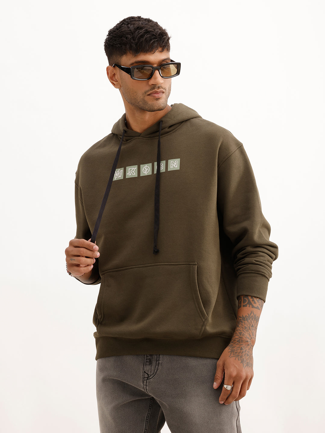 Classic Oversized Placement Printed Hoodie | Olive