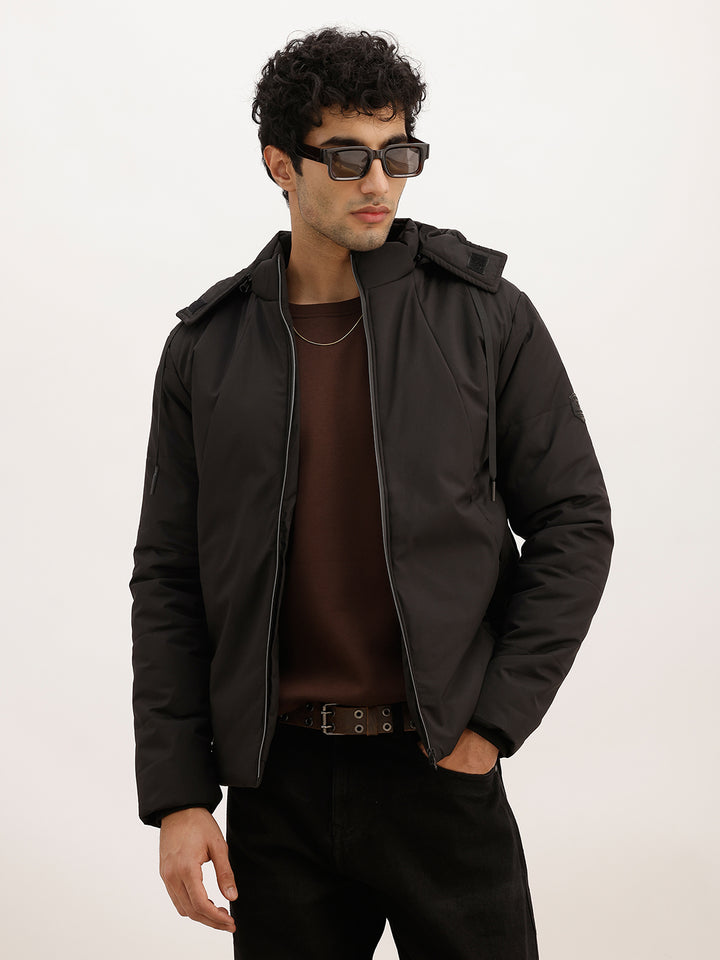 Solid Regular Fit Hooded Jacket | Black