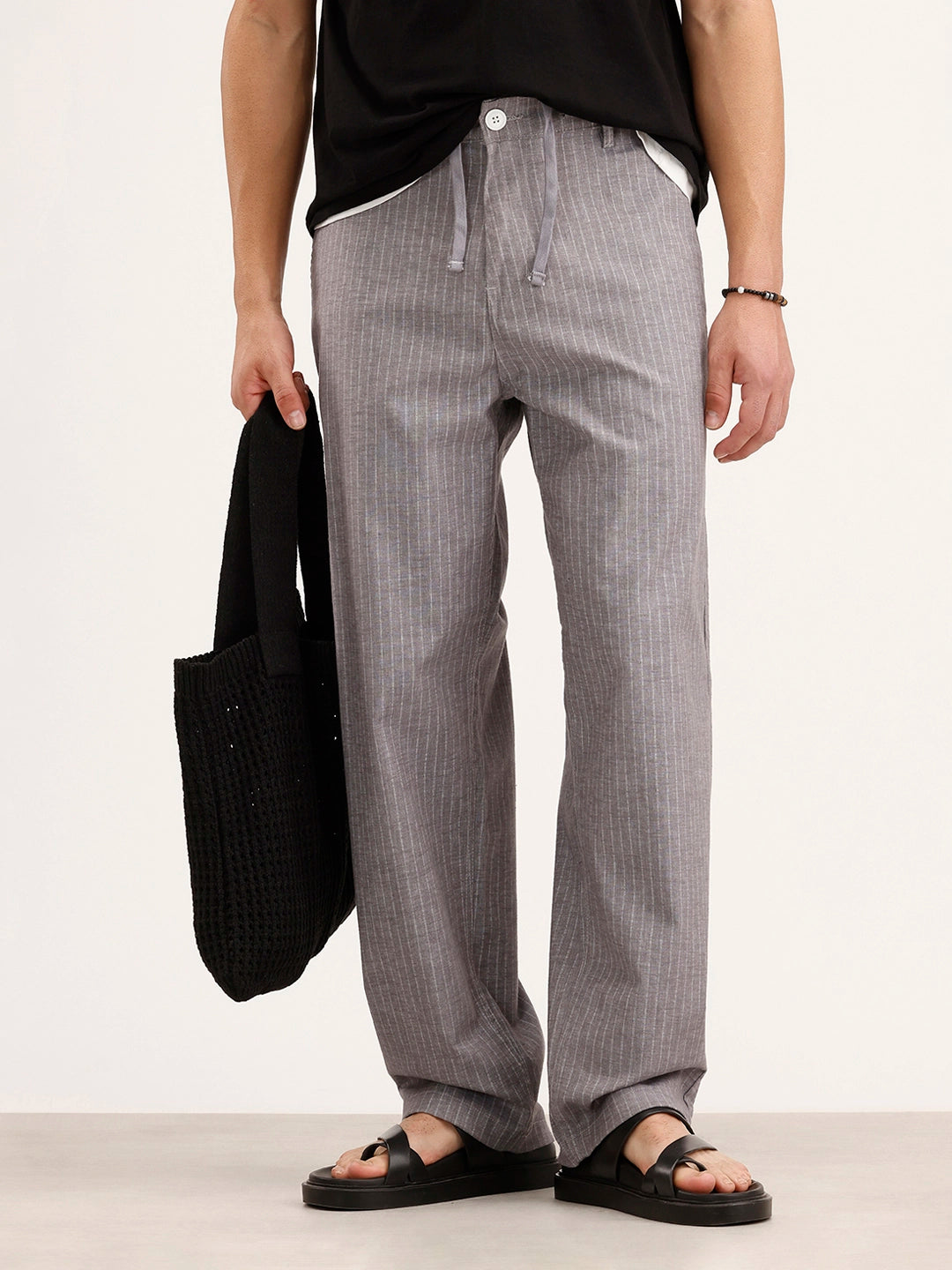 Loose Fit Linen Blend Striped Trouser | Grey