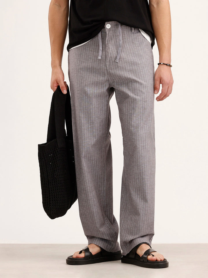 Loose Fit Linen Blend Striped Trouser | Grey