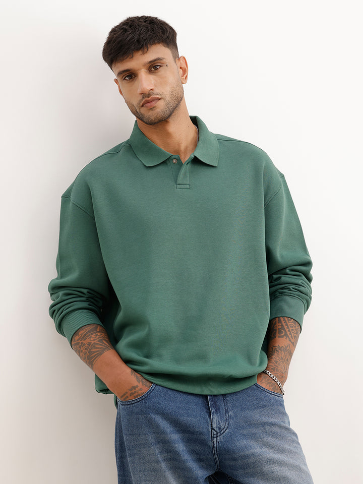 Solid Oversized Collared Sweatshirt | Green