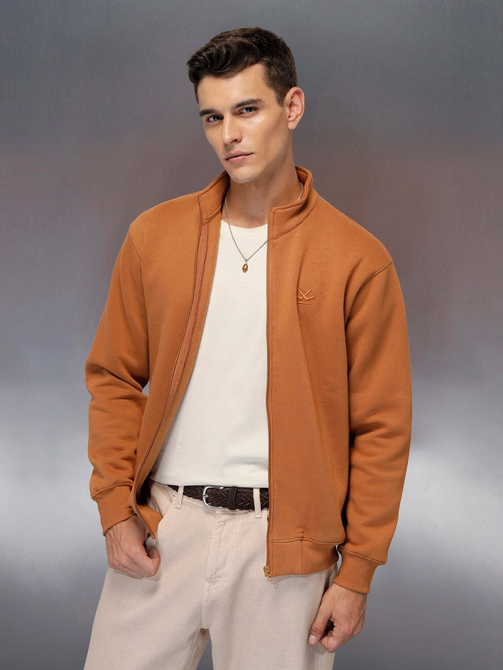 men's casual front zip up stand collar sweatshirt | Brown