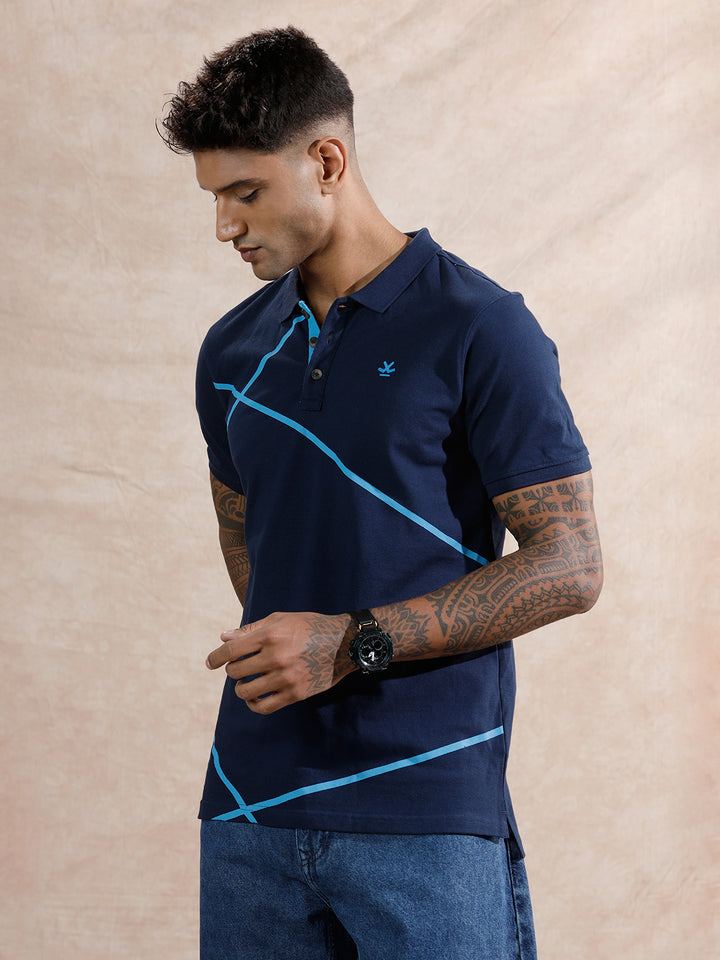 Contrast Abstract Lines Polo T-Shirt  | Navy Blue