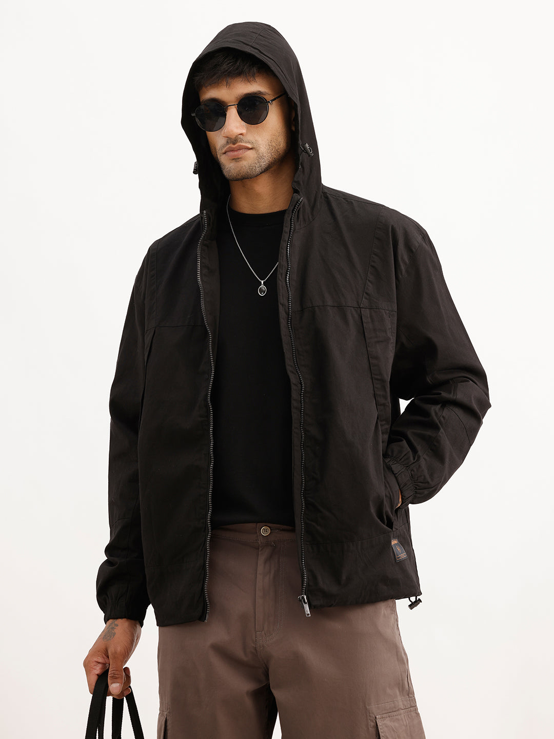 Solid Regular Fit Hooded Puffer Jacket | Black
