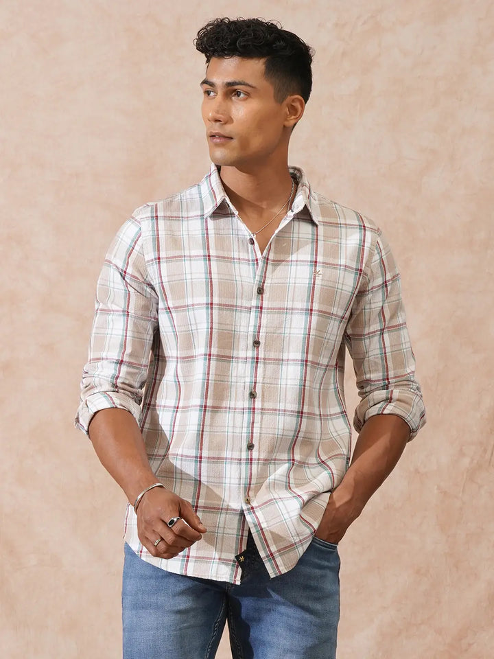 Textured Checks Slim Fit Shirt | Light Brown