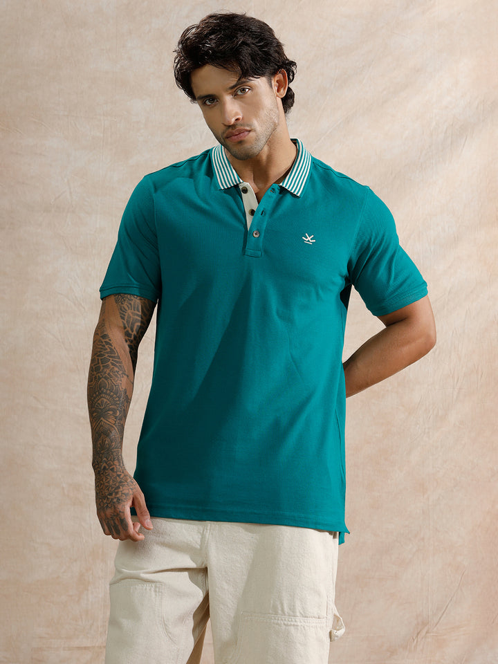 Striped Collar Slim Fit Polo T-Shirt | Teal