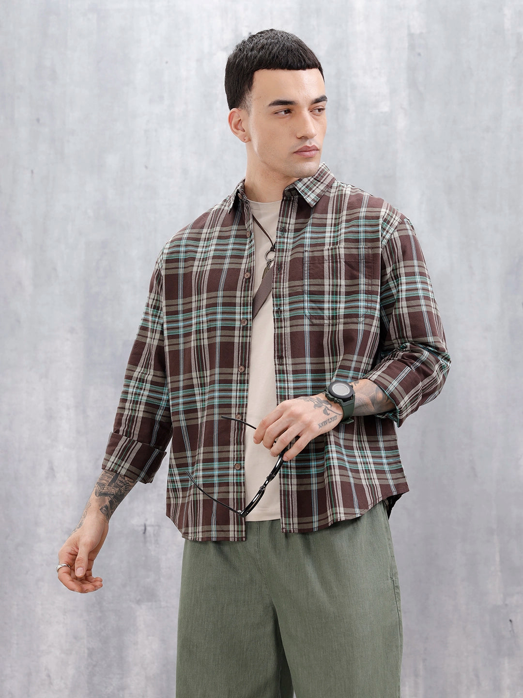 Wrogn Men’s Comfort Fit Checkered Shirt With Chest Pocket | Brown