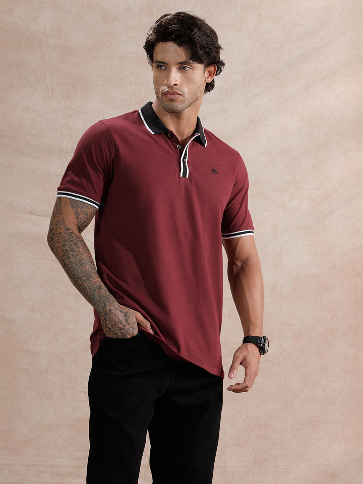 Stripped Collar Slim Fit Polo T-Shirt | Maroon
