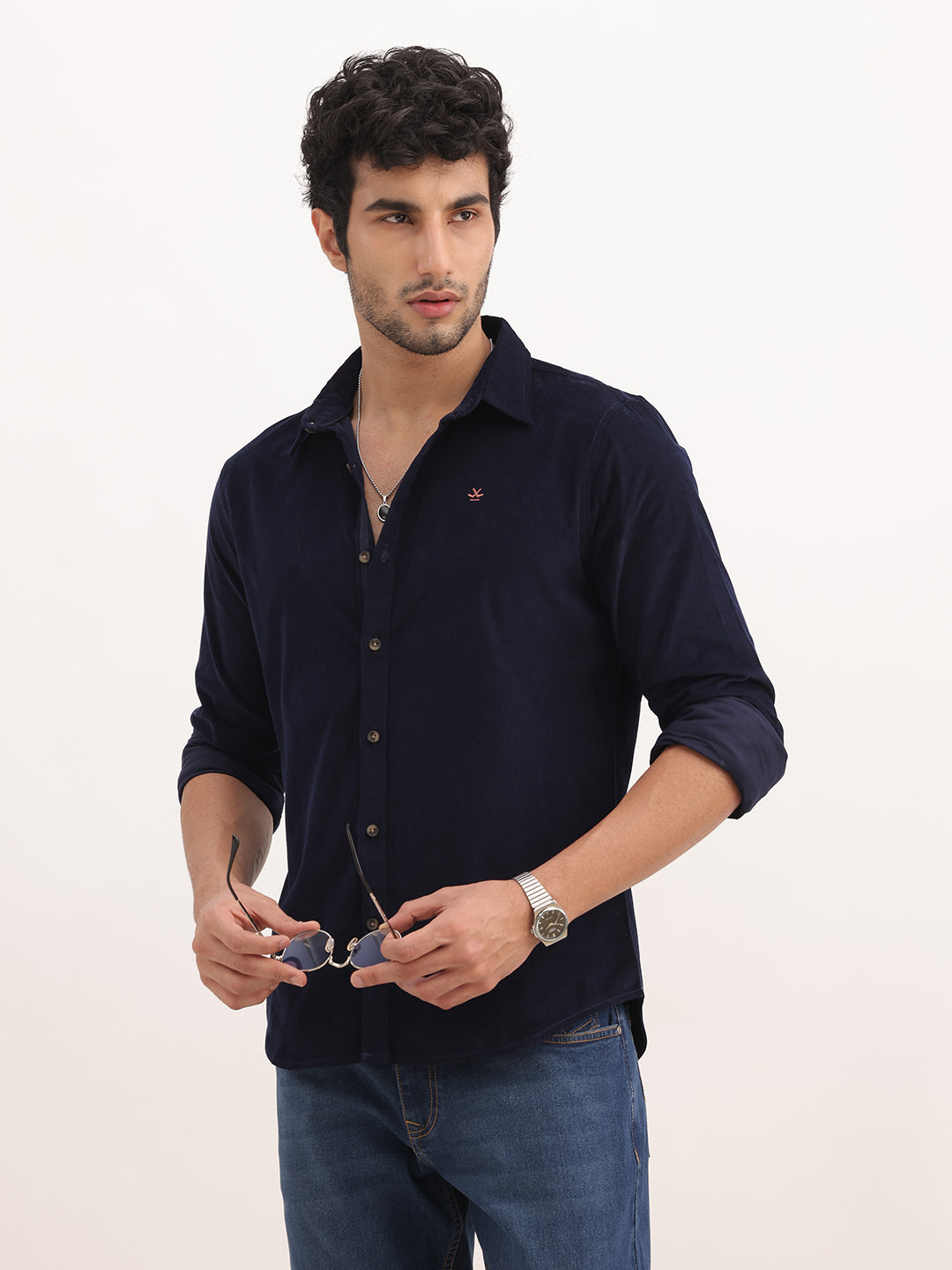 Slim Fit Solid Corduroy Shirt | Navy Blue