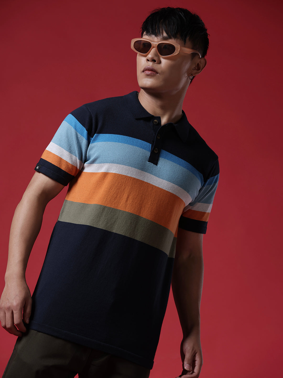 Colour Blocked Stripes Polo T-Shirt
