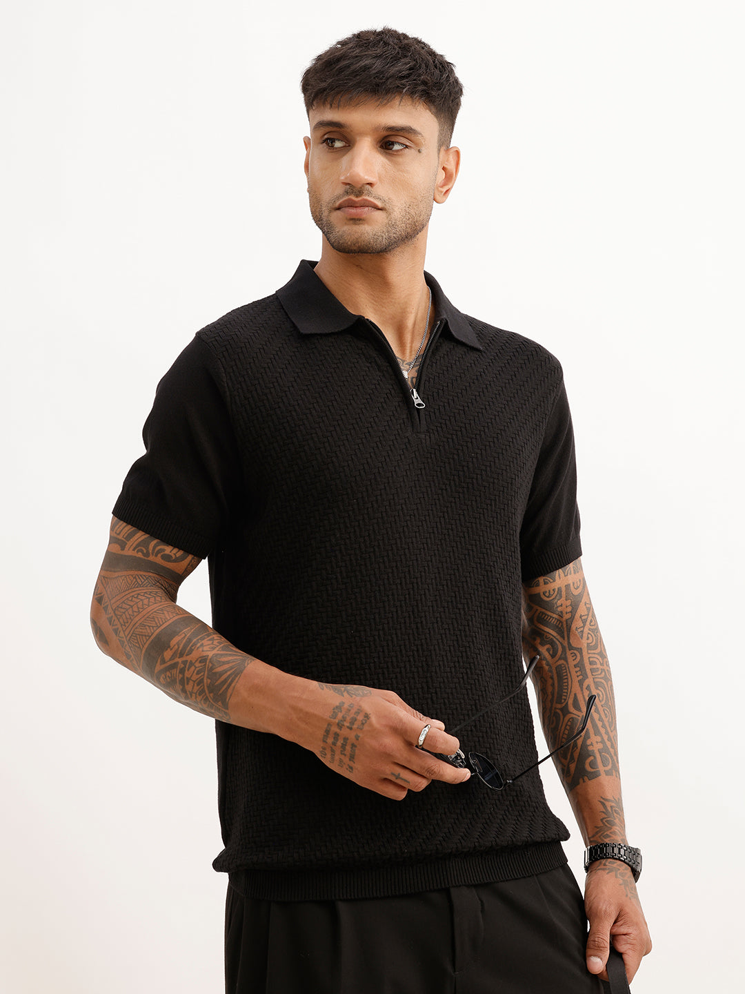 Solid Textured Quater Zipper Polo T-Shirt | Black