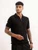 Solid Textured Quater Zipper Polo T-Shirt | Black