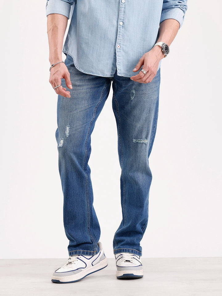 Distressed Straight Fit Denim Jeans   |  Blue