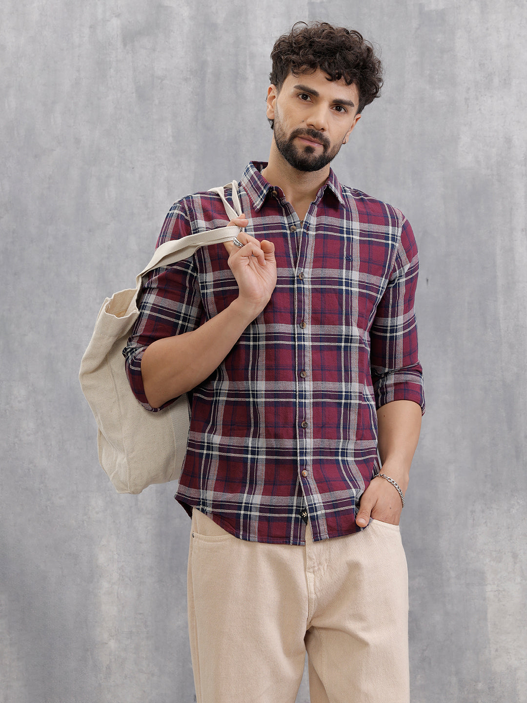 Slim Fit Check Shirt In Special Slub Weave | Maroon