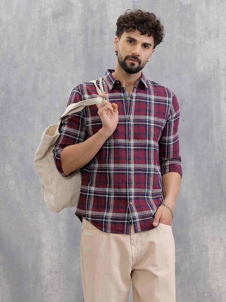 Slim Fit Check Shirt In Special Slub Weave | Maroon