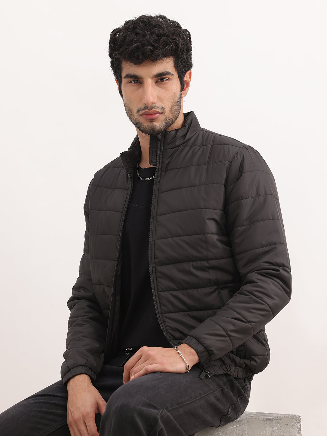 Solid Regular Fit Puffer Jacket | Black