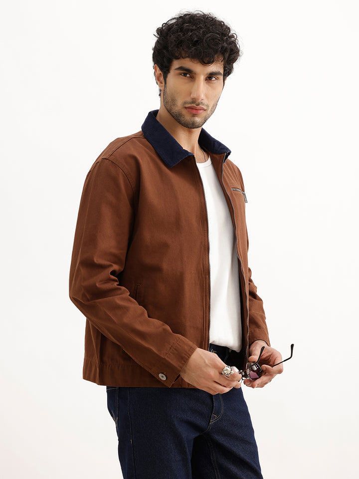 Slim Fit Contrast Collar Jacket | Brown