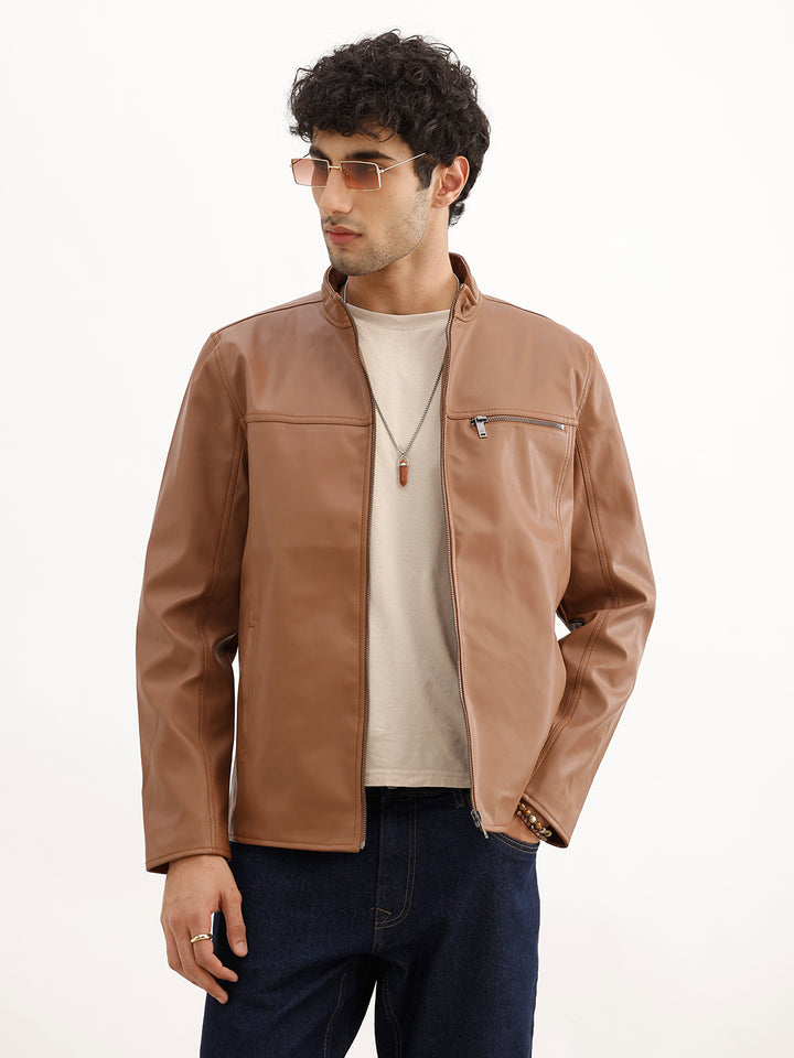 Solid Slim Fit Zipper Jacket | Brown