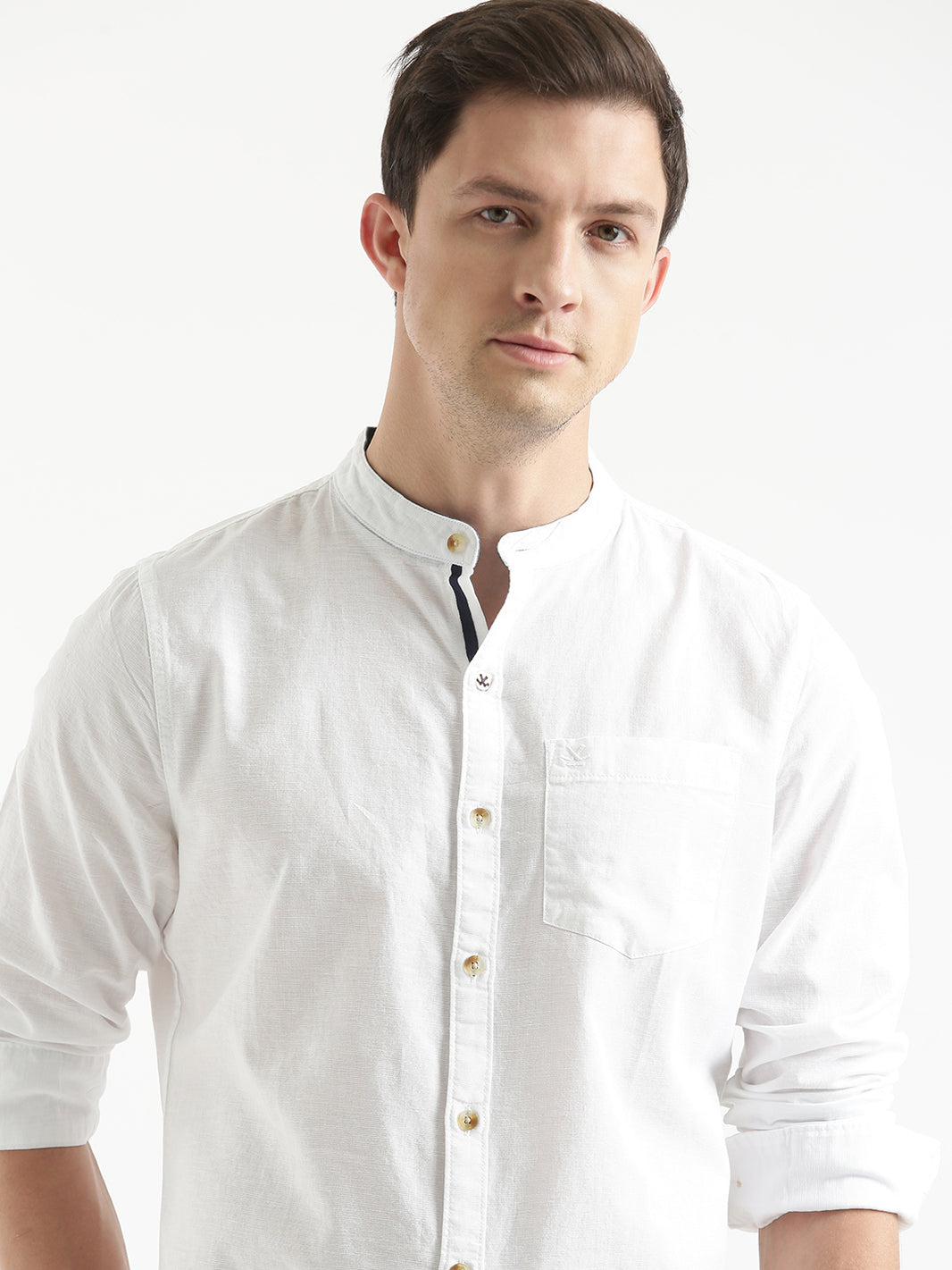 Premium Soft Denim Chinese Collar Shirt with Pearl White Buttons – Shifa Drapping House Exclusive
