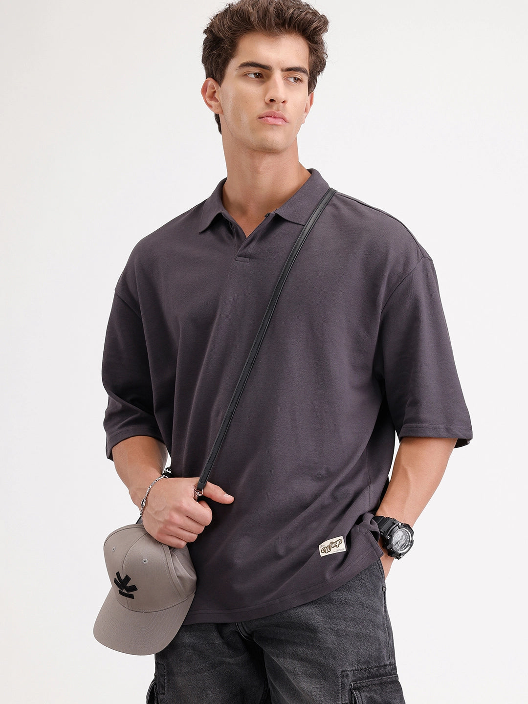 Solid Oversized Polo T-Shirt | Dark Grey