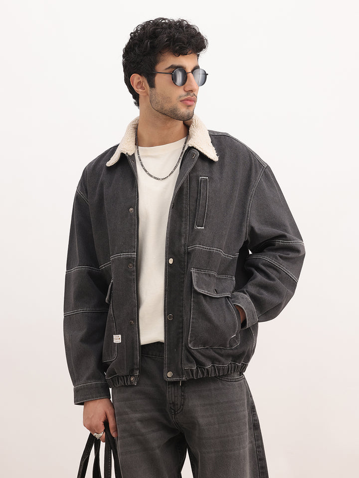 Classic Relaxed Fit Sherpa Denim Jacket | Black