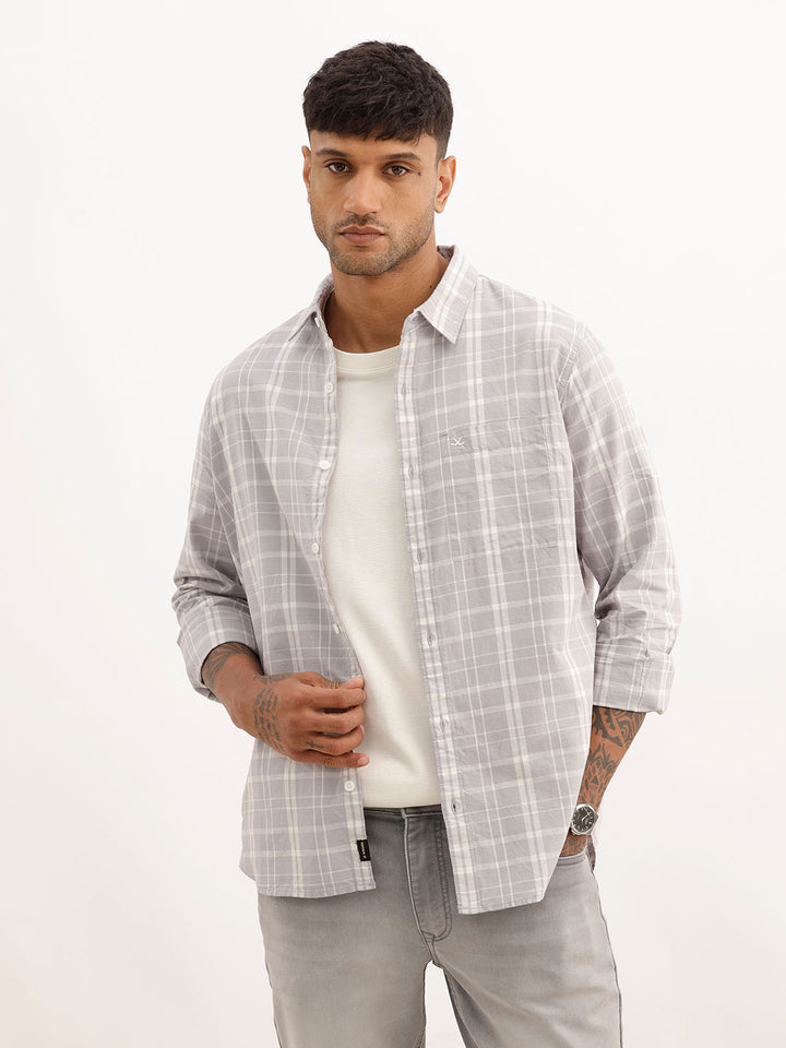 Slim Fit Checkered Full Sleeve Shirt | Grey