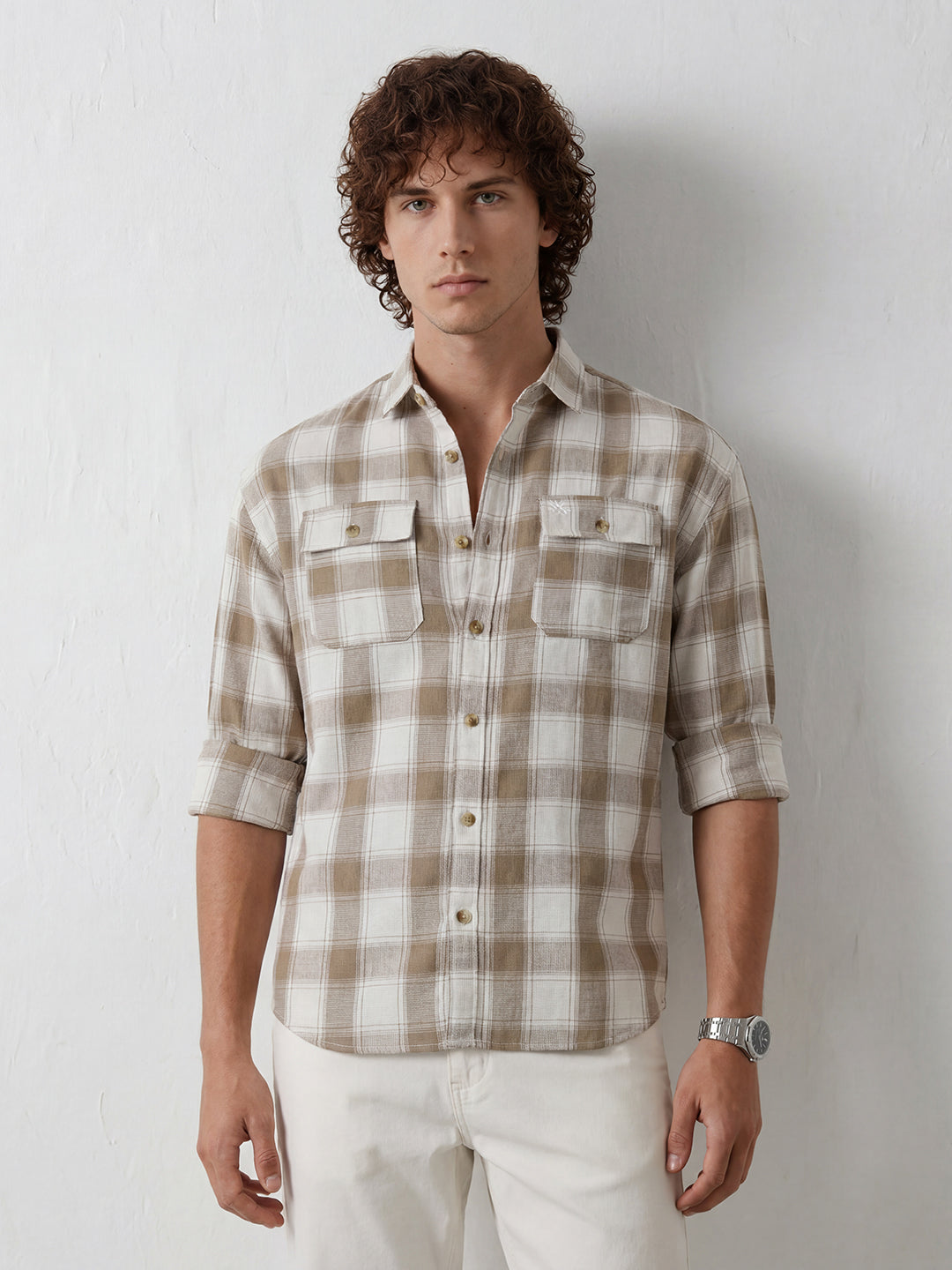 Classic Double Pocket Checkered Shirt | Beige