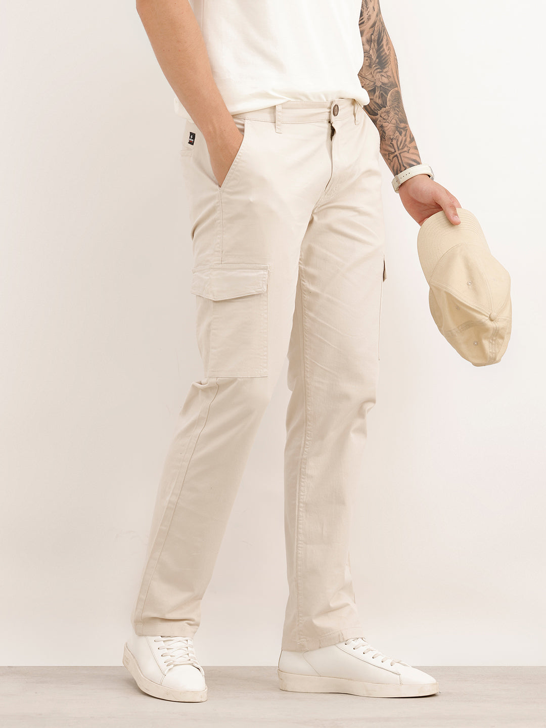 Solid Straight Fit Cargo Trouser | Beige | WVTR4001F