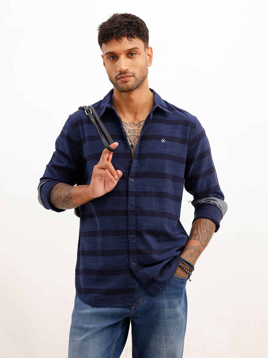 Regular Fit Full Sleeve Striped Shirt | Navy Blue