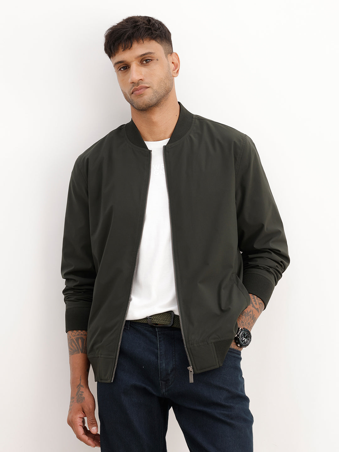 Solid Regular Fit Zipper Jacket | Olive