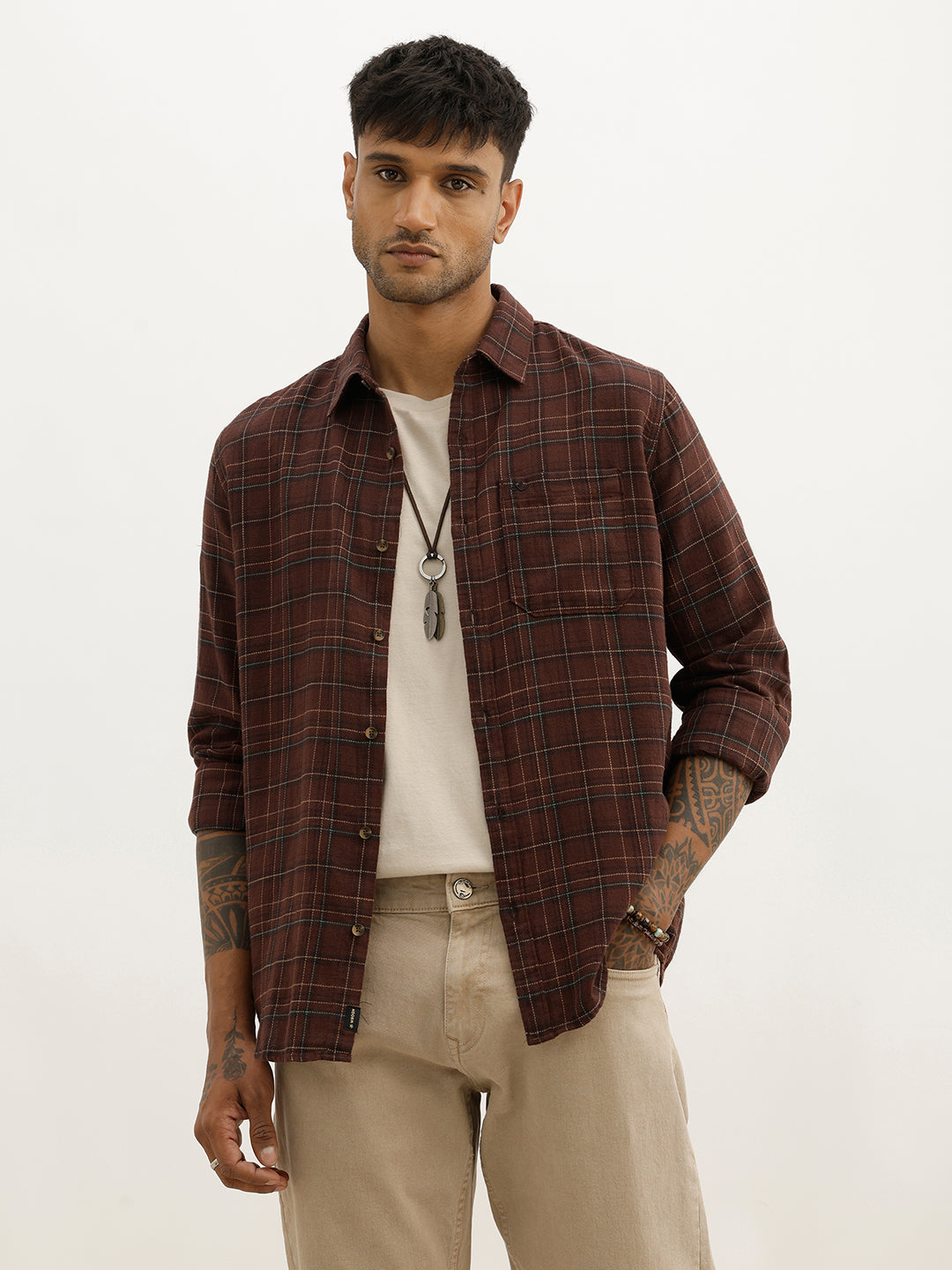 Slim Fit Checkered Full Sleeve Shirt | Brown