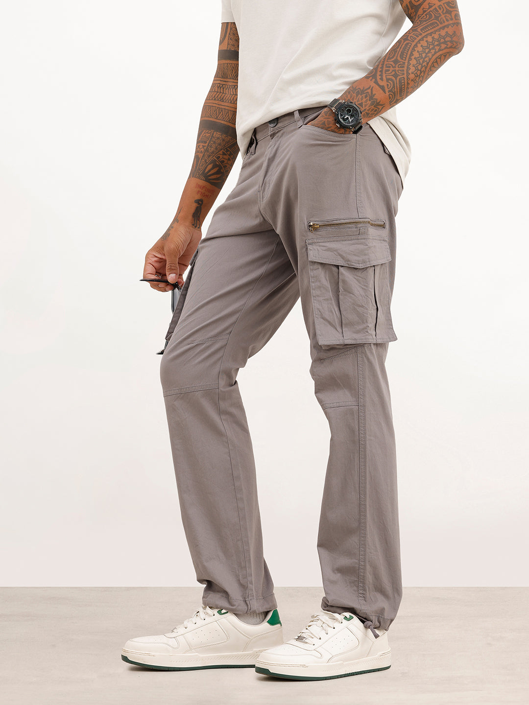 Solid Straight Fit Cargo Trouser | Grey