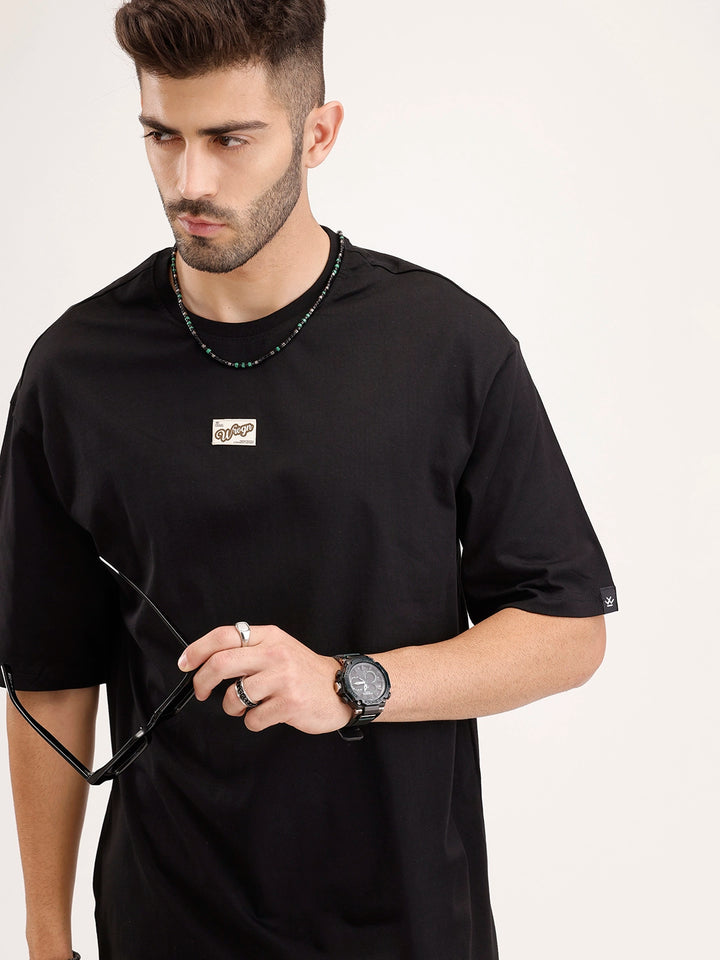 Solid Oversized Fit Patch Detail T-Shirt | Black