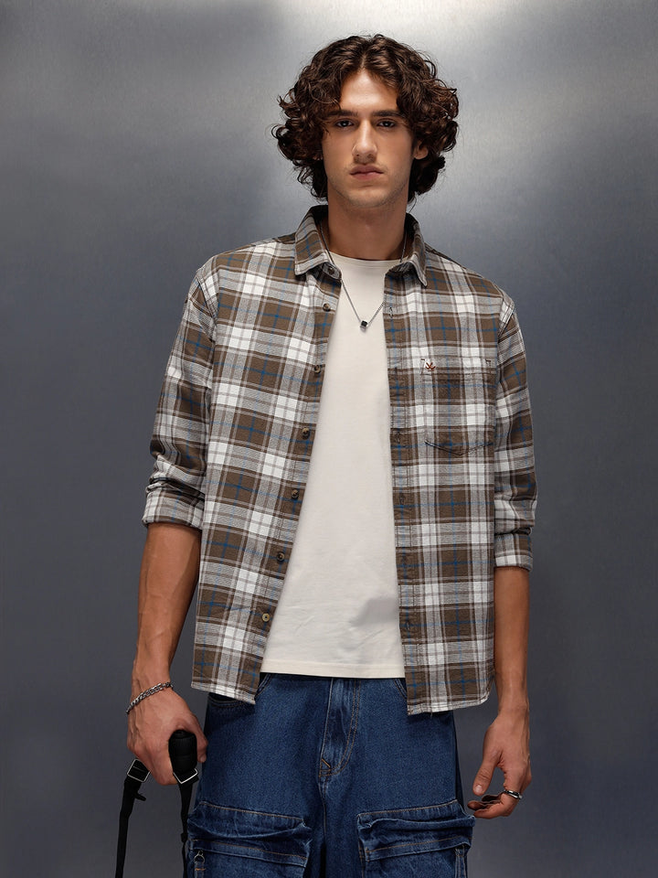 Textured Comfort Fit Checkered Pattern Shirt With Branding | Brown