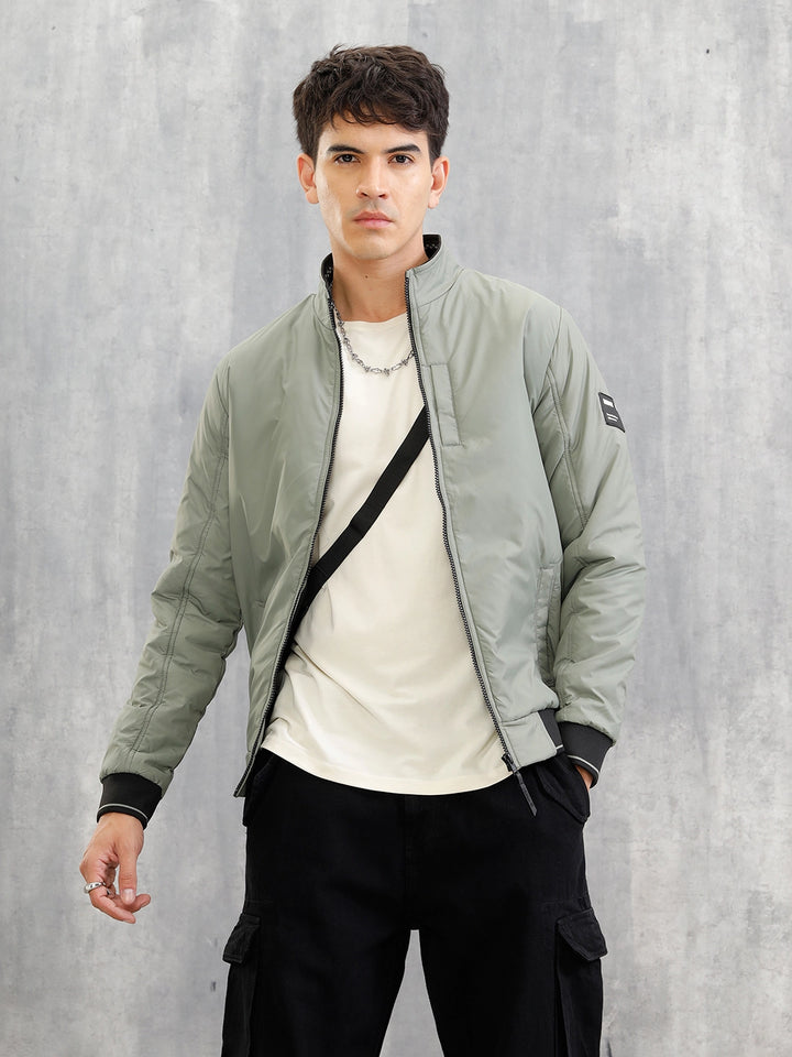 Mock Neck Full Zippered Regular Fit Jacket | Green
