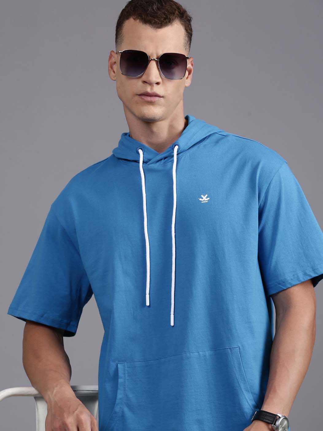 Blue Hooded Short Sleeve T-Shirt