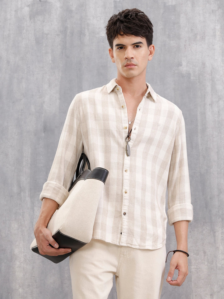 Herringbone Check Shirt In Natural Tones  |  Beige