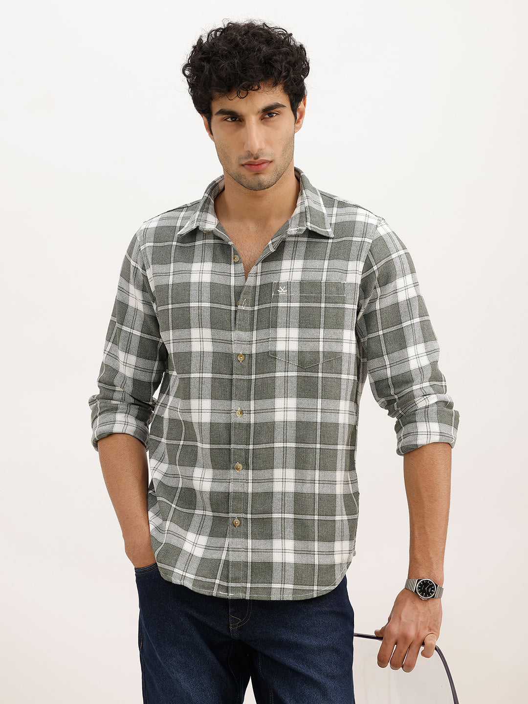 Slim Fit Checkered Full Sleeve Shirt | White