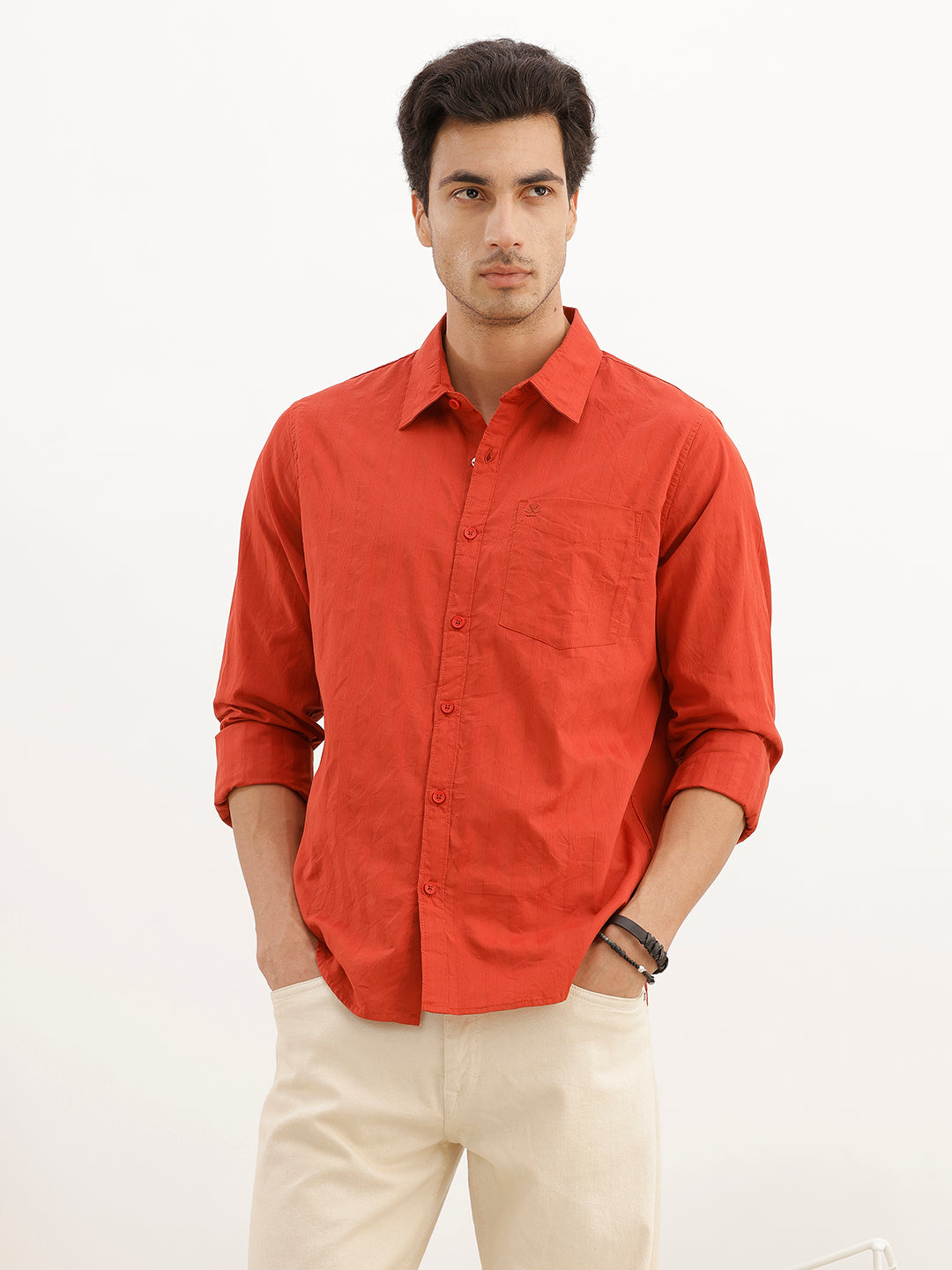 Solid Textured Full Sleeve Shirt | Red