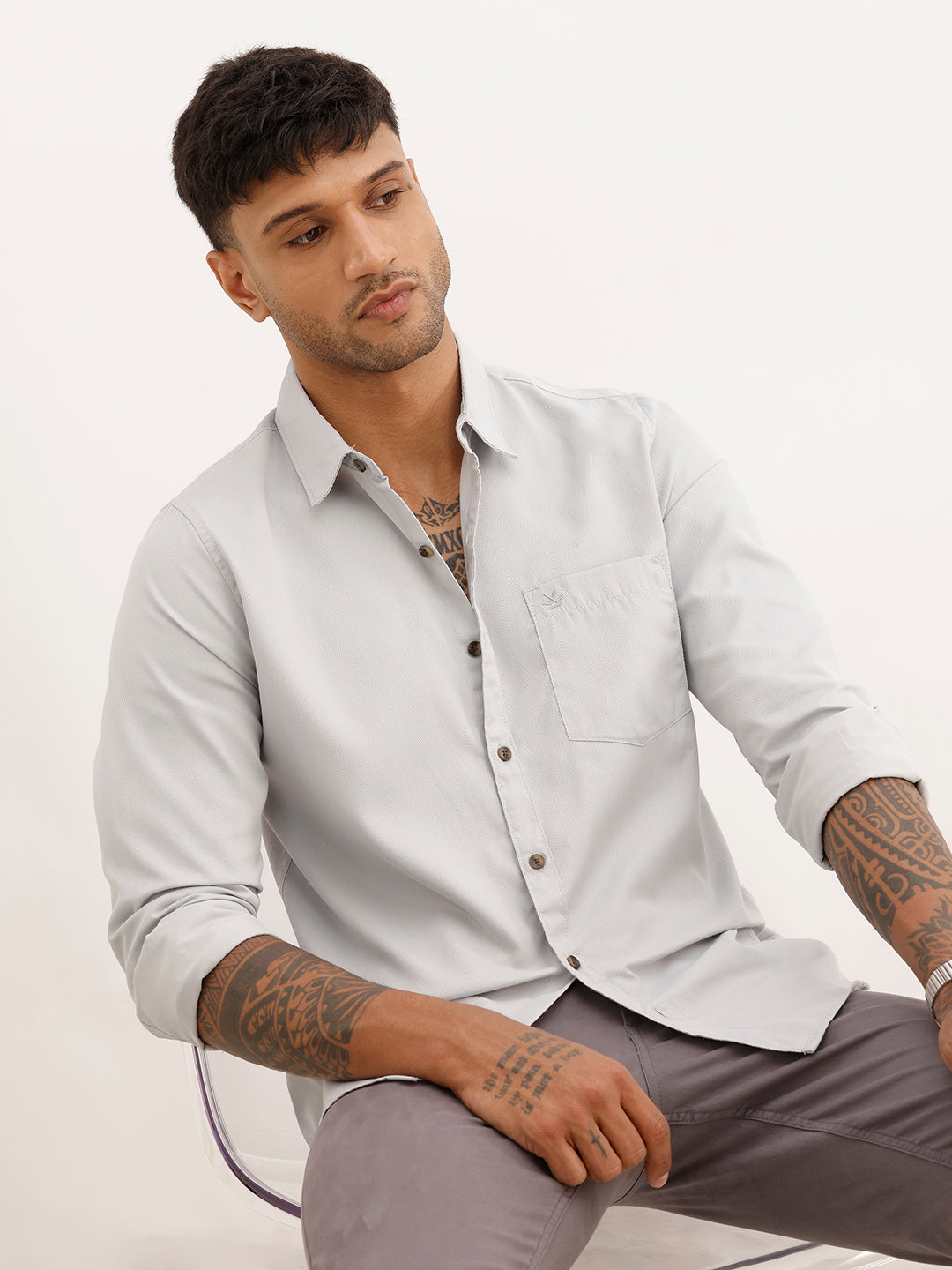 Regular Fit Textured Full Sleeve Shirt | Grey | WWSH9184F