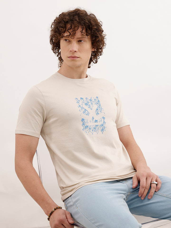 Slim Fit HD Printed T-Shirt  | Beige