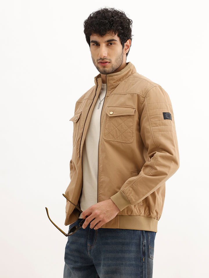 Solid Regular Fit Double Pocket Zipper Jacket | Beige