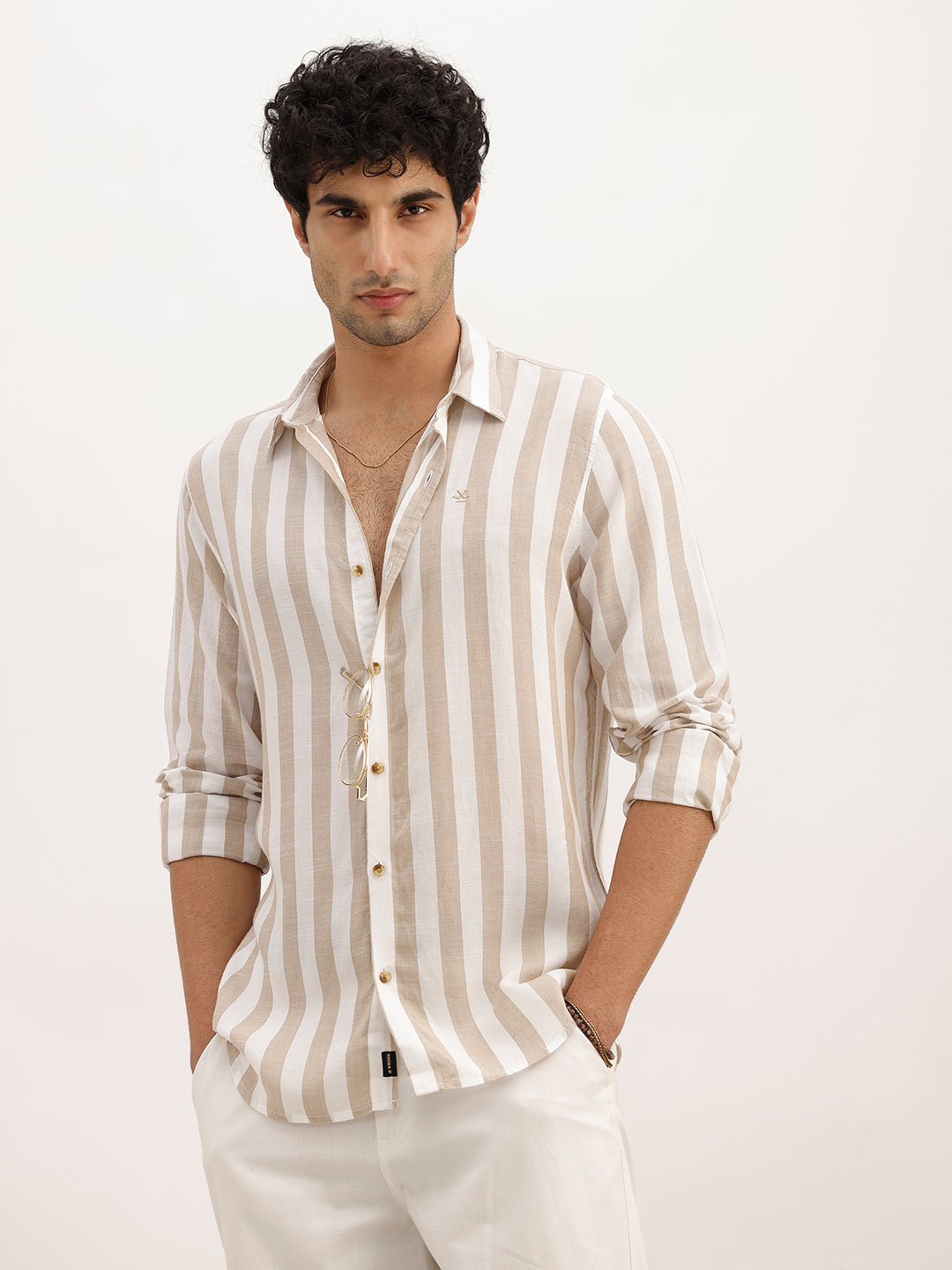 Slim Fit Striped Full Sleeve Shirt | Beige