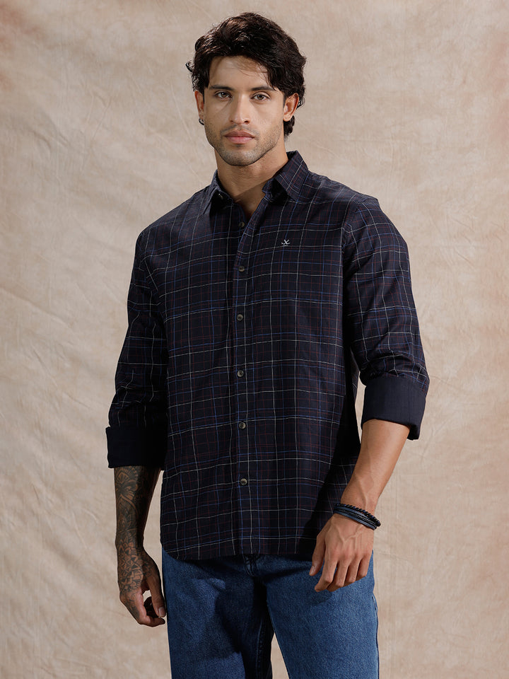 Printed Checked Regular Fit Shirt  | Navy Blue