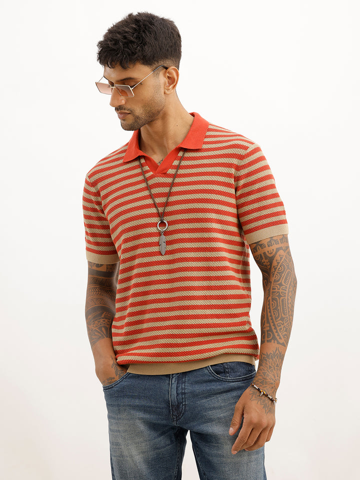 Textured Slim Fit Flatknit Polo T-Shirt | Beige