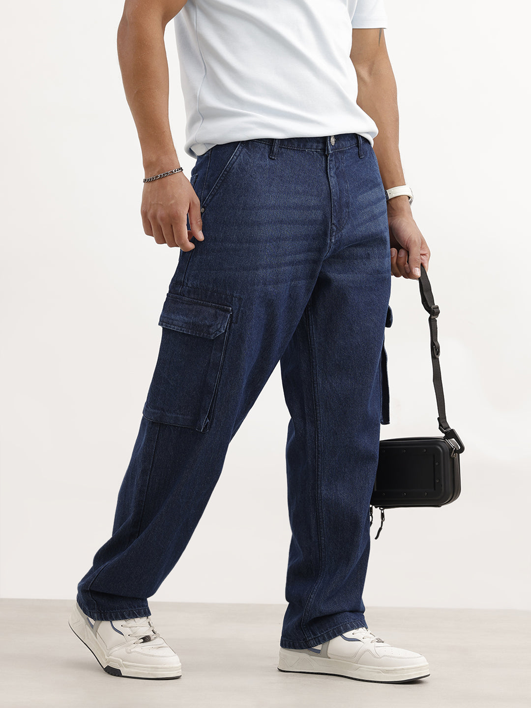 Faded Loose Fit Denim Cargo | Dark Blue